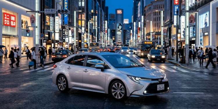 Toyota Corolla 2025 híbrido desfila pelas ruas modernas de Tóquio