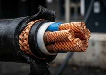 Exibindo os fios de cobre trançados dentro de um cabo de recarga