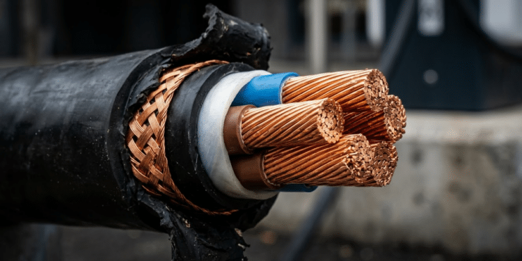 Exibindo os fios de cobre trançados dentro de um cabo de recarga