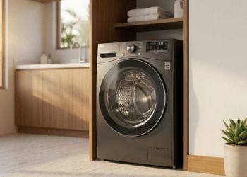 Máquina lava e seca moderna em lavanderia brasileira sofisticada