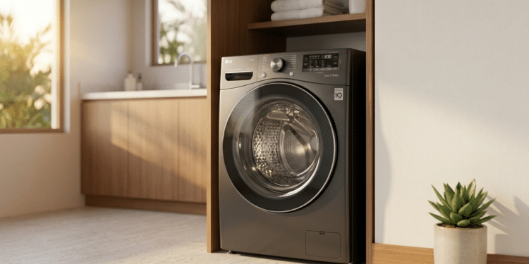 Máquina lava e seca moderna em lavanderia brasileira sofisticada