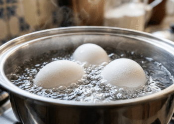 Ovos fervendo em panela de aço inox na cozinha