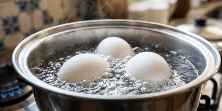 Ovos fervendo em panela de aço inox na cozinha