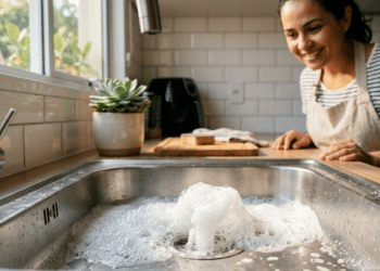 Reação efervescente de limpeza no ralo de uma pia de inox moderna