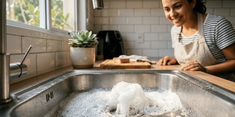 Reação efervescente de limpeza no ralo de uma pia de inox moderna