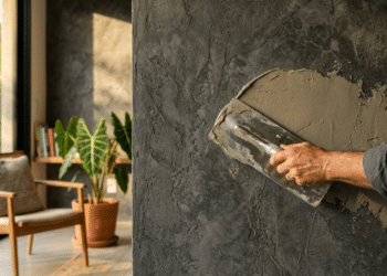 Parede com textura de argamassa pigmentada sendo finalizada sob luz solar