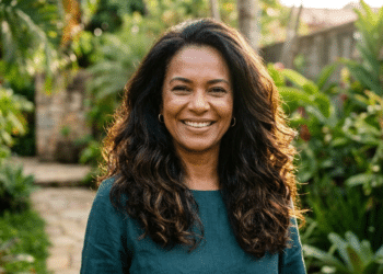 Mulher com cabelos escuros brilhantes e saudáveis sob a luz do sol