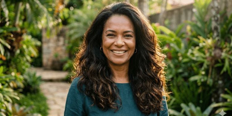 Mulher com cabelos escuros brilhantes e saudáveis sob a luz do sol