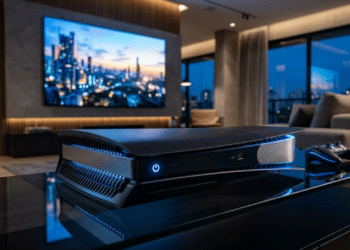 Protótipo futurista do PS6 em destaque em uma sala moderna à noite