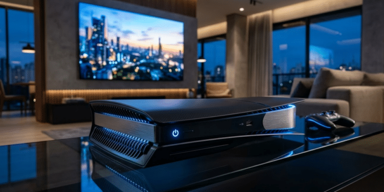 Protótipo futurista do PS6 em destaque em uma sala moderna à noite