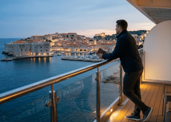 Homem observa cidade histórica da varanda de um navio ao anoitecer