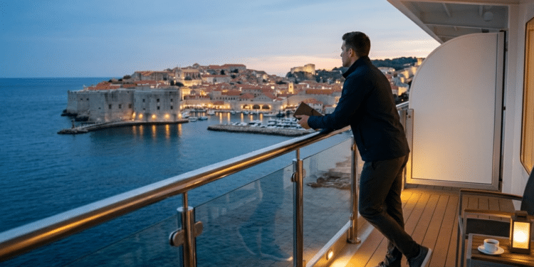 Homem observa cidade histórica da varanda de um navio ao anoitecer