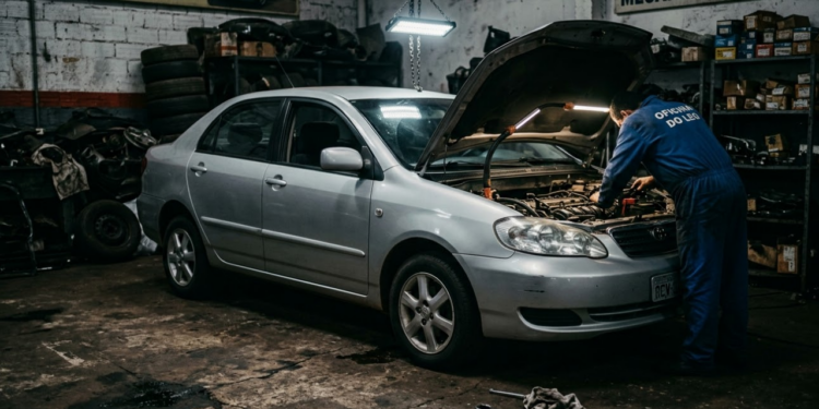 Carro com capô aberto em oficina com iluminação dramática e tensa