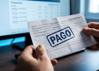 Boleto bancário com carimbo de pago sobre mesa de madeira