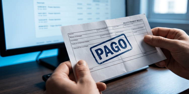 Boleto bancário com carimbo de pago sobre mesa de madeira