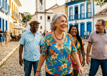 Grupo de idosos sorrindo em praça histórica de São Luiz do Paraitinga
