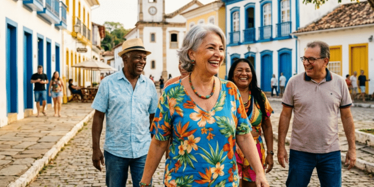 Grupo de idosos sorrindo em praça histórica de São Luiz do Paraitinga