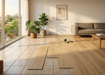 Transformação de sala com piso vinílico sobre azulejos antigos sob luz solar