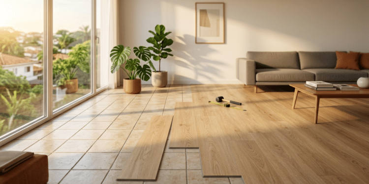 Transformação de sala com piso vinílico sobre azulejos antigos sob luz solar