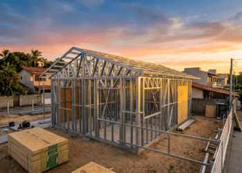 Estrutura de aço galvanizado de uma casa moderna sob a luz do pôr do sol