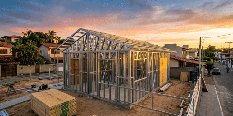 Estrutura de aço galvanizado de uma casa moderna sob a luz do pôr do sol
