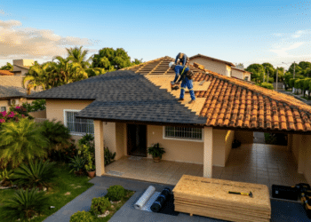 Telhado em reforma com contraste entre telhas antigas e a nova telha