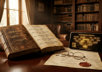 Livro de genealogia antigo e celular com árvore genealógica digital sobre mesa luxuosa