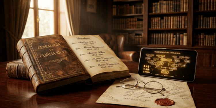 Livro de genealogia antigo e celular com árvore genealógica digital sobre mesa luxuosa