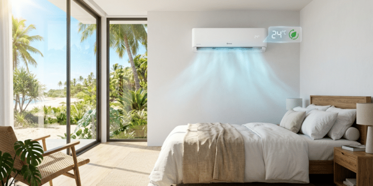 Ar-condicionado Split em quarto moderno com vista tropical ensolarada