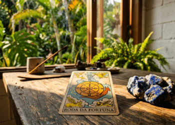 Carta da Roda da Fortuna e cristais azuis sobre mesa de madeira ao pôr do sol