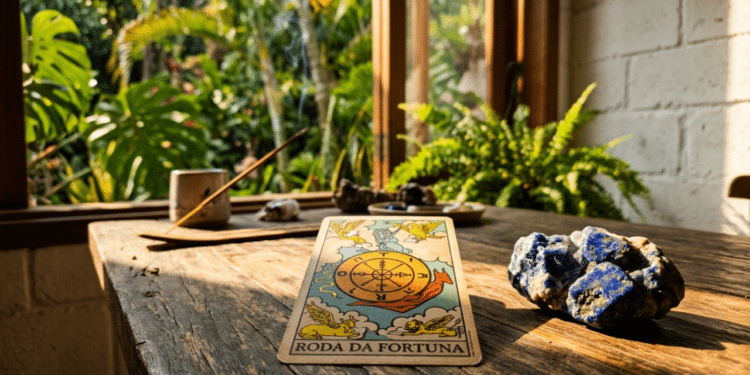 Carta da Roda da Fortuna e cristais azuis sobre mesa de madeira ao pôr do sol