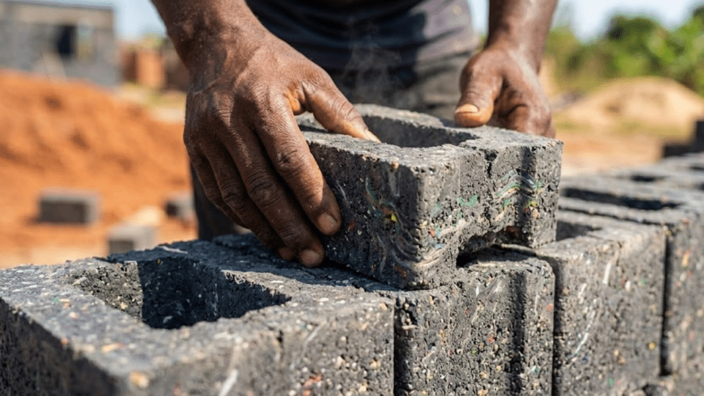 Trabalhador assentando um tijolo plástico térmico em Gana