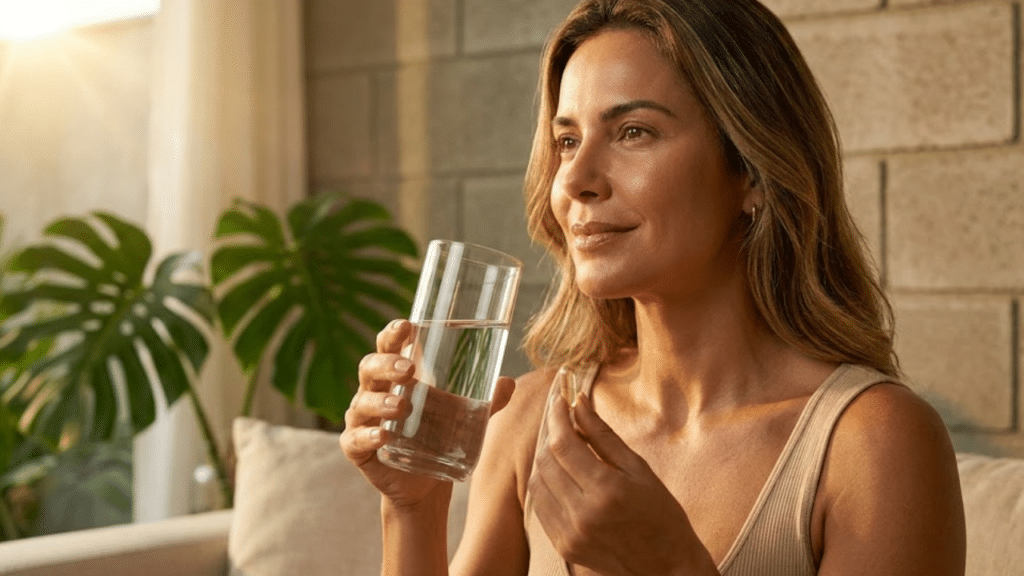 Mulher radiante sob luz solar tropical segurando cápsula de colágeno