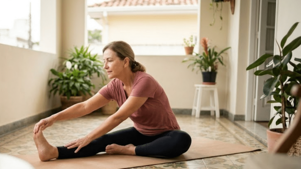 Mulher madura praticando alongamento em varanda iluminada