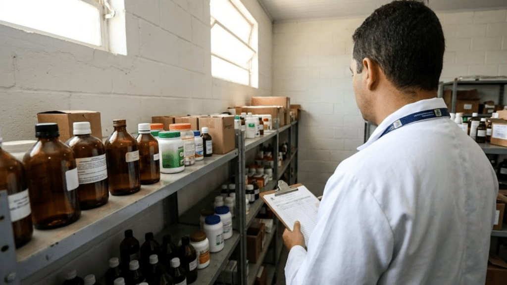 Agente de saúde inspecionando prateleira com diversos produtos apreendidos