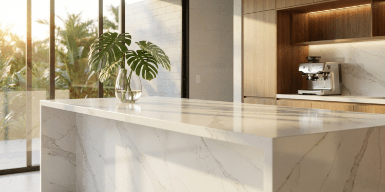 Ilha de quartzo luxuosa brilhando sob a luz solar matinal em uma cozinha moderna