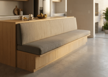 Banco embutido em ilha de madeira, destacando a amplitude da cozinha sem cadeiras