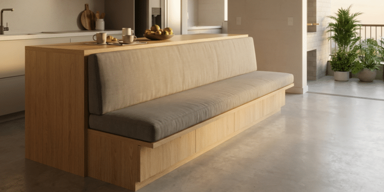 Banco embutido em ilha de madeira, destacando a amplitude da cozinha sem cadeiras