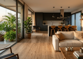 Sala moderna com piso vinílico amadeirado sob a luz do pôr do sol