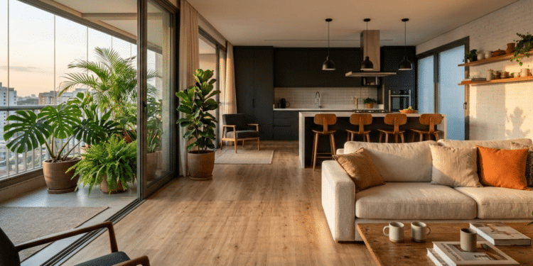 Sala moderna com piso vinílico amadeirado sob a luz do pôr do sol