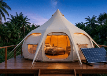 Cabana de lona iluminada ao anoitecer com painel solar no deck