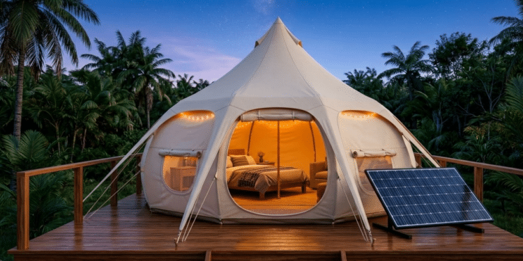 Cabana de lona iluminada ao anoitecer com painel solar no deck