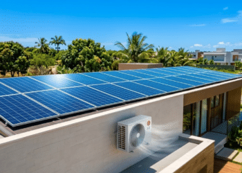 Telhado com placas solares sob sol forte, garantindo energia para o ar-condicionado