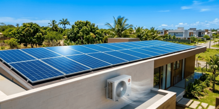 Telhado com placas solares sob sol forte, garantindo energia para o ar-condicionado