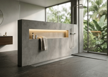 Banheiro moderno com mureta de microcimento e ralo linear, estilo spa