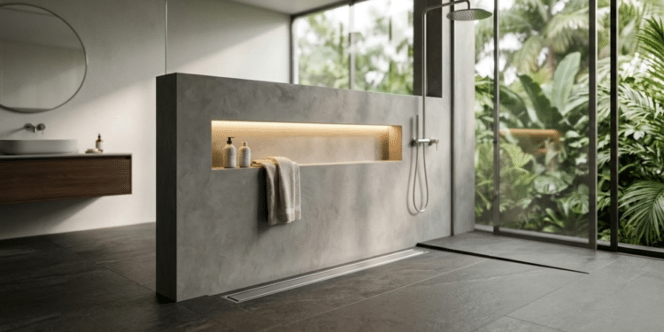 Banheiro moderno com mureta de microcimento e ralo linear, estilo spa