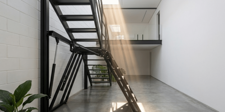 Escada metálica articulada em corredor moderno, unindo design e funcionalidade