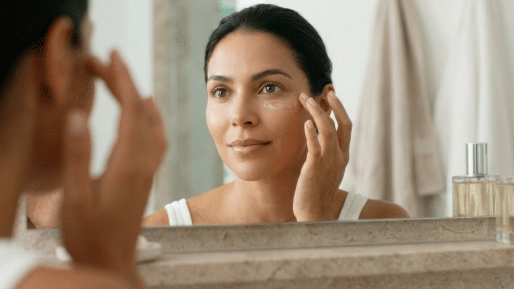 Mulher aplicando creme na área dos olhos sob luz suave da manhã