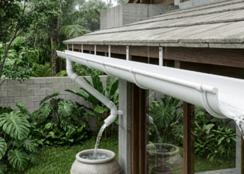 Sistema de PVC captando chuva em uma casa moderna sob luz natural