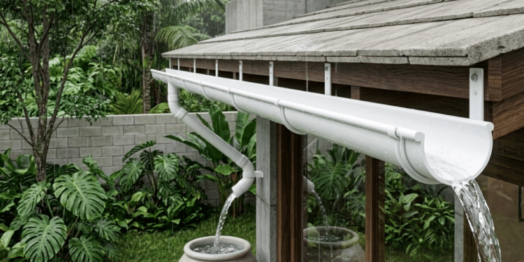 Sistema de PVC captando chuva em uma casa moderna sob luz natural